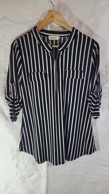 BEPEI Women's Striped Zip V-Neck 3/4 Roll Tab Sleeve Tunic Blouse, L